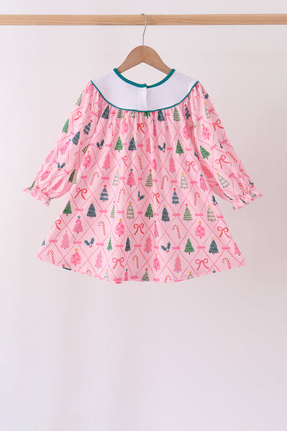 Pink Christmas Tree Embroidery Dress