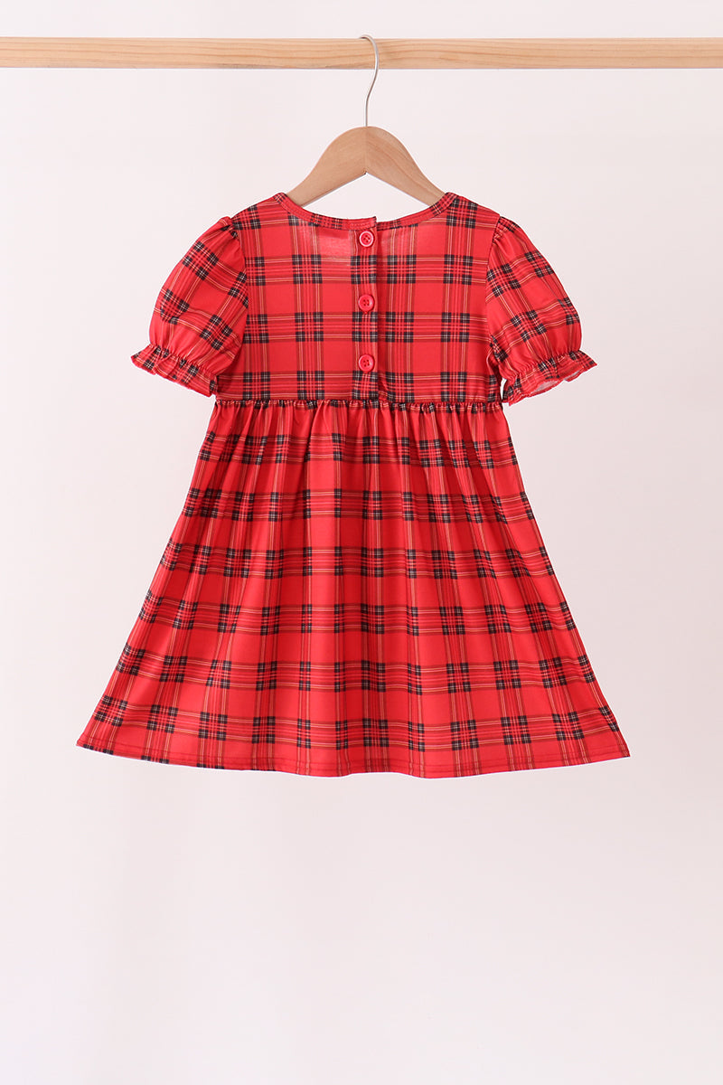 Red Plaid Bow Smocked Ruffe Dress