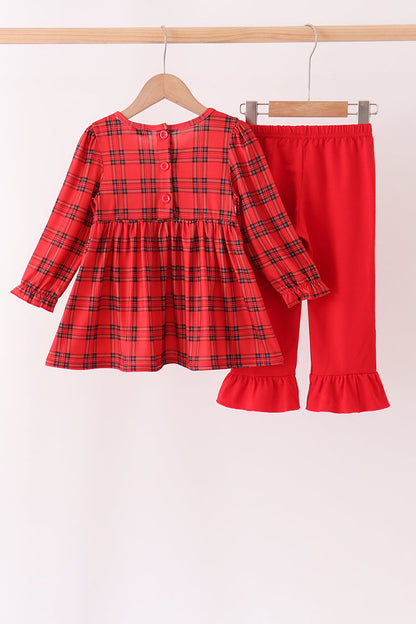 Red Plaid Bow Smocked Ruffle Pants Set