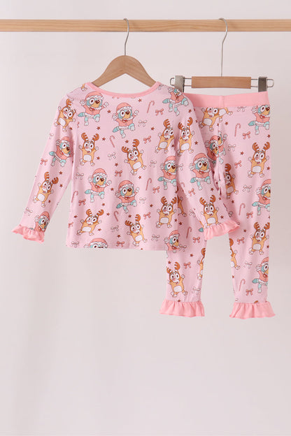 Pink bluey bamboo ruffle pants set