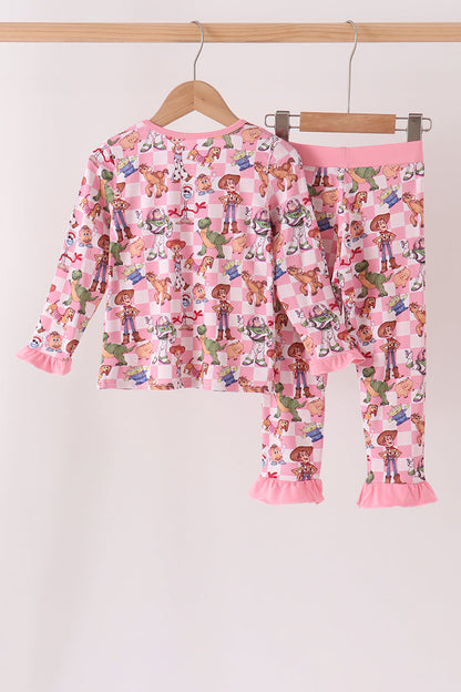 Pink character checkered bamboo ruffle pajama set