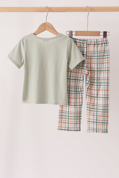 Sage Pumpkin Embroidery Plaid pants set
