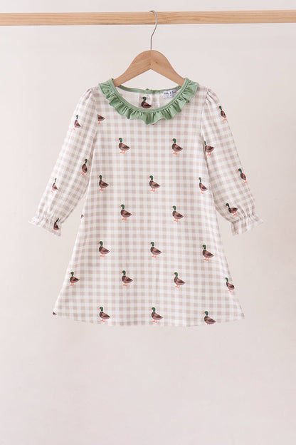 Green Duck Embroidery Gingham Dress