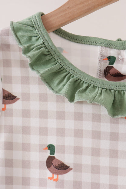 Green Duck Embroidery Gingham Dress