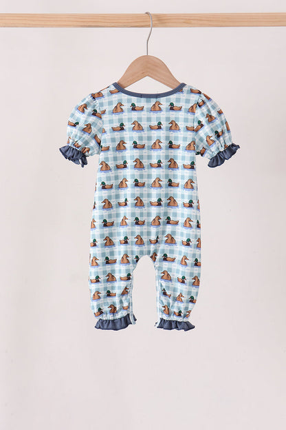 Blue mallard duck embroidery ruffle romper