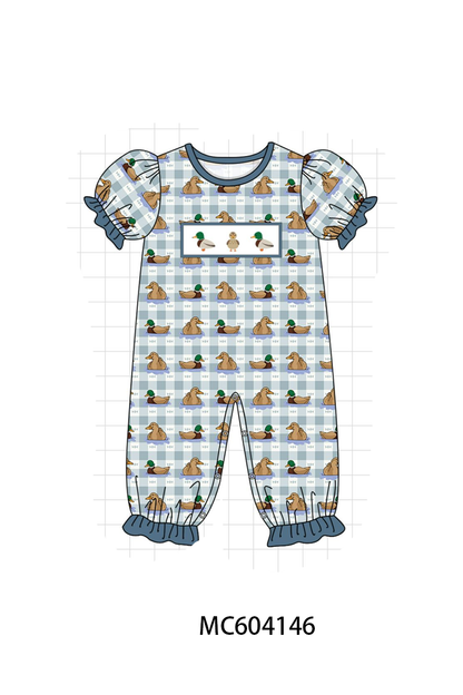 Blue mallard duck embroidery ruffle romper
