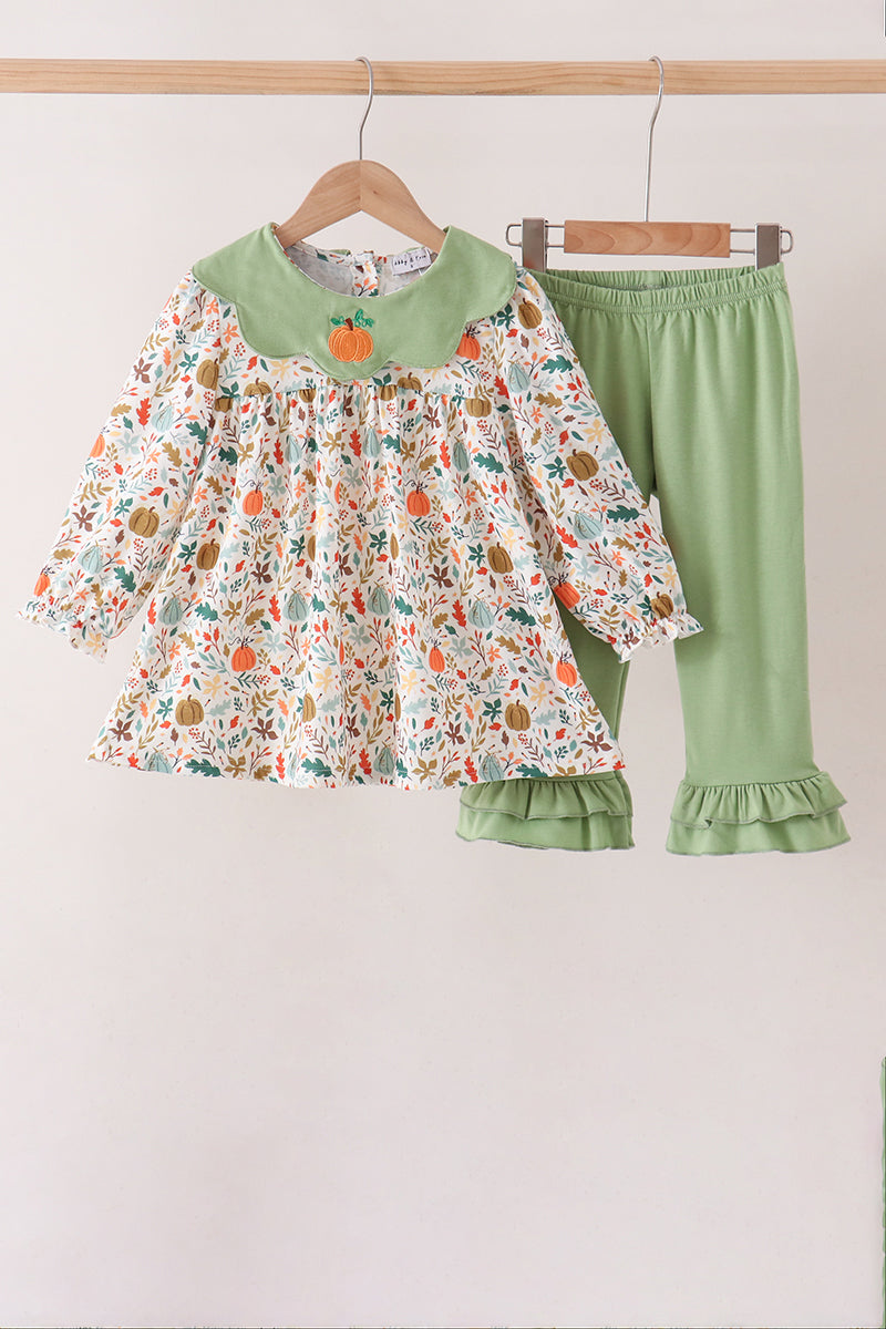Sage pumpkin embroidery leaves ruffle pants set
