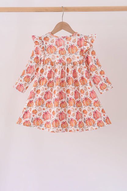 Orange Pumpkin Print Ruffle Dress