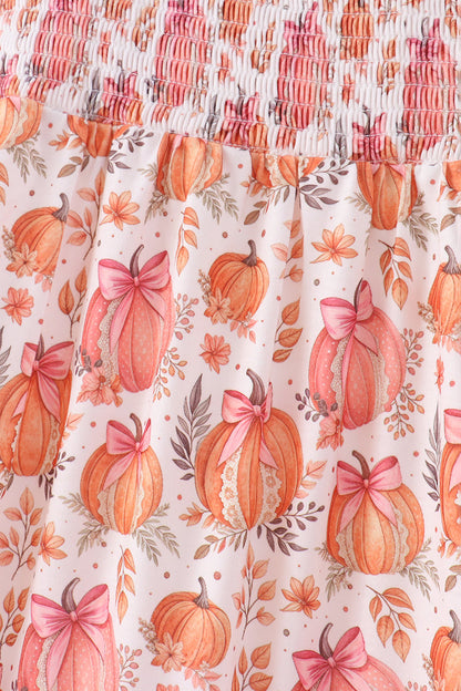 Orange Pumpkin Print Smocked Mom Dress