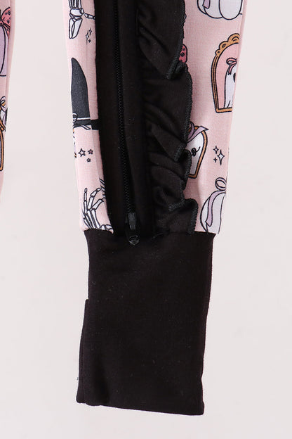 Pink Spooky embroidery bamboo ruffle romper