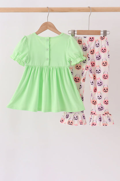 Green Jack-O-Lantern embroidery ruffle pants set