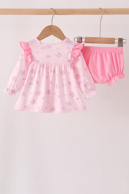 Pink floral bow ruffle bloomer set