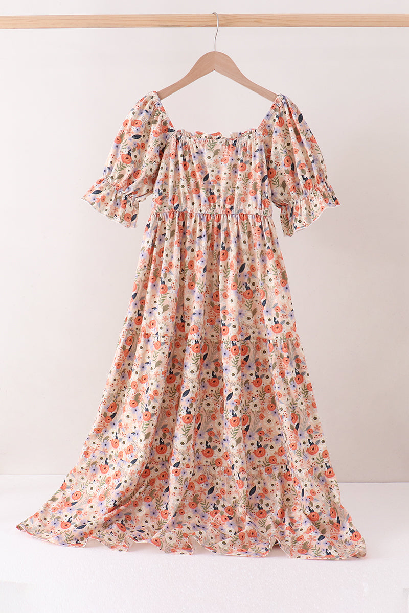 Coral floral tiered mom dress