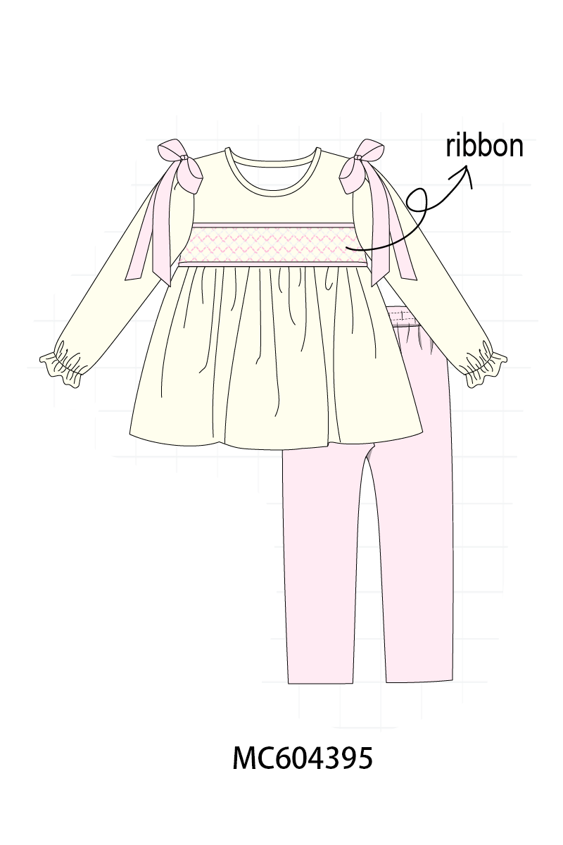Cream smocked bow pants set