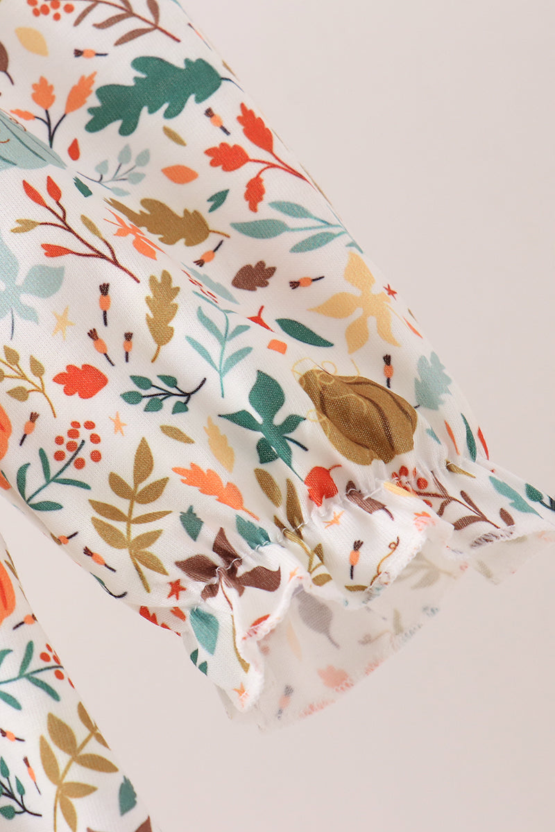 Sage pumpkin embroidery leaves dress