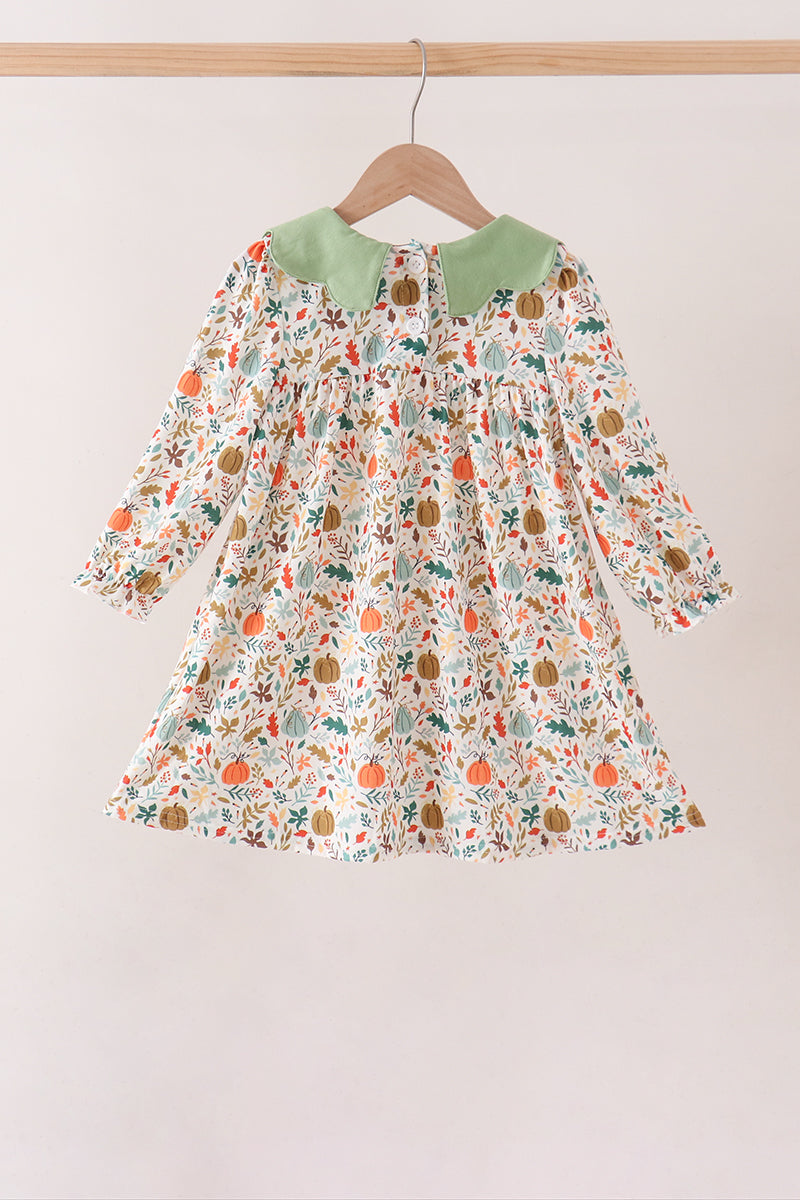 Sage pumpkin embroidery leaves dress