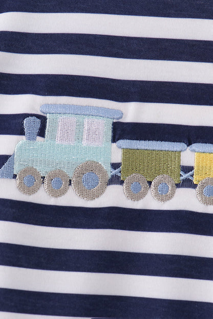 Blue train embroidery stripe top