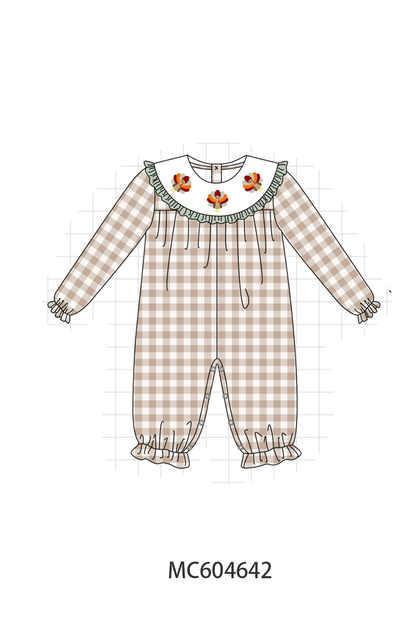 Brown turkey embroidery gingham ruffle romper
