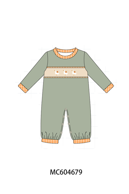Green goose pumpkin embroidery romper