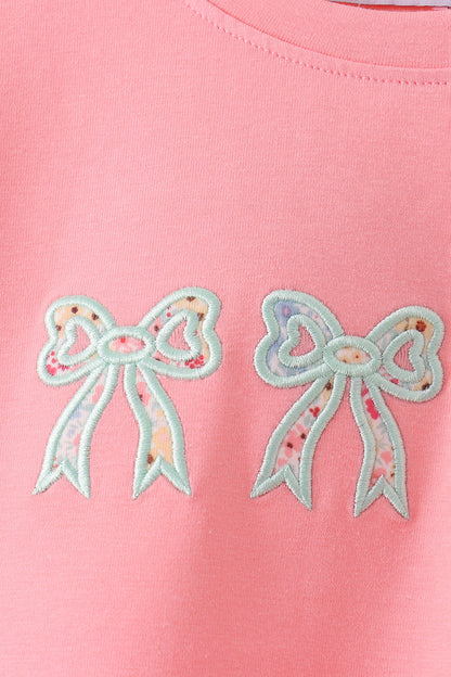 Pink Floral Bow Applique Pants Set