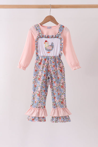 Pink Chicken Applique Jumpsuit Set