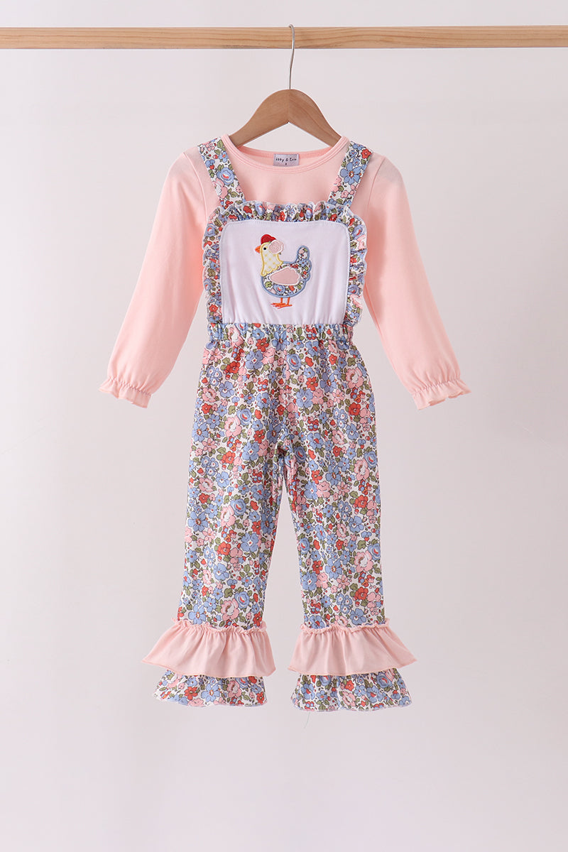 Pink Chicken Applique Jumpsuit Set