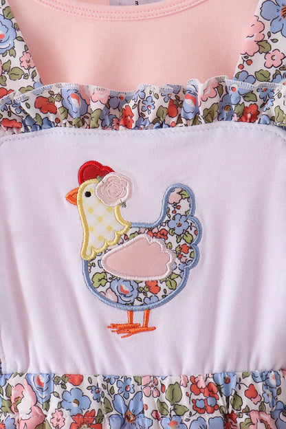 Pink Chicken Applique Jumpsuit Set