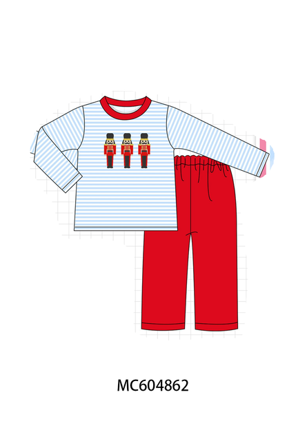 Blue Stripe Nutcracker Embroidery Pants Set