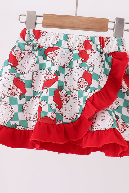 Red Santa Embroidery Ruffle Skorts Set