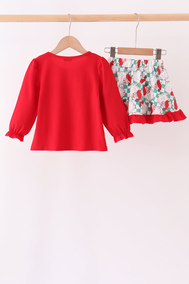 Red Santa Embroidery Ruffle Skorts Set