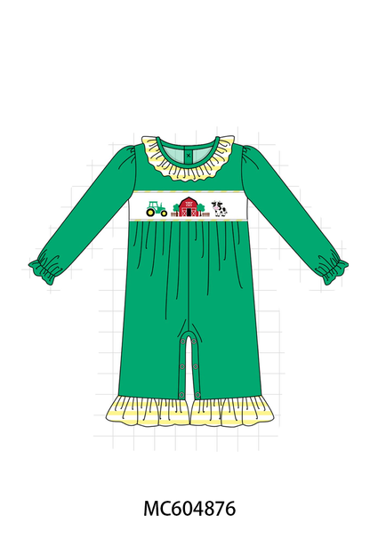 Green Farm Cow Embroidery Ruffle Romper