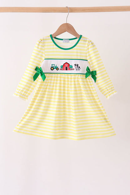 Green Farm Cow Embroidery Stripe  Dress