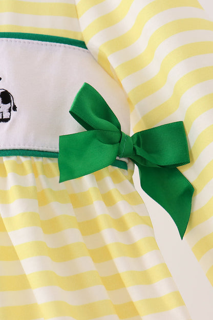 Green Farm Cow Embroidery Stripe  Dress