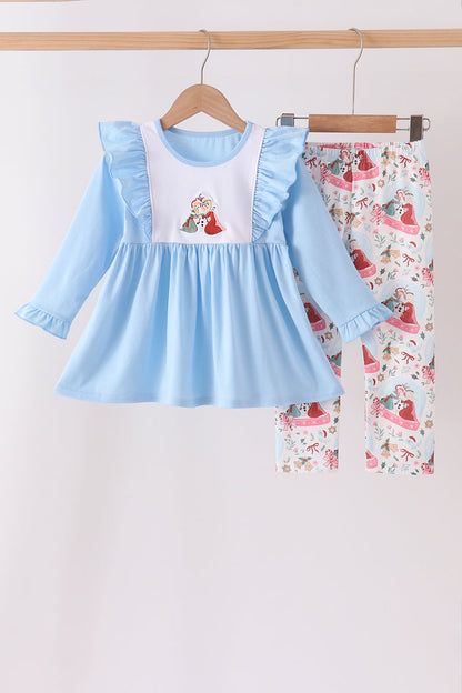 Blue frozen embroidery ruffle pants set