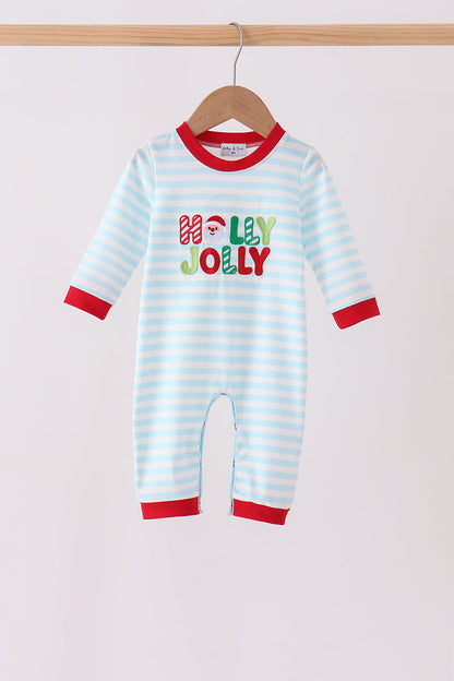 Blue Stripe Holly Jolly Romper