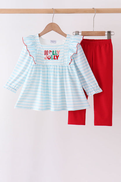 Blue Stripe Holly Jolly Ruffle Pants Set