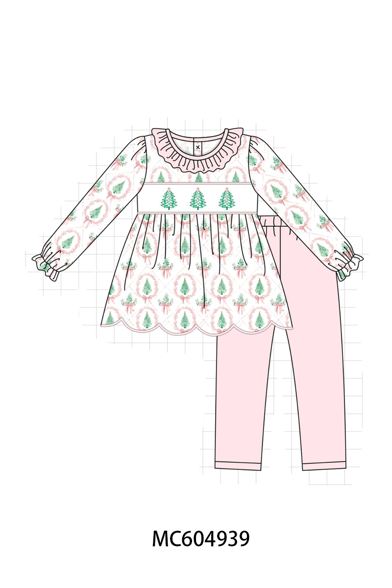Pink Christmas Tree Embroidery Ruffle Pants Set