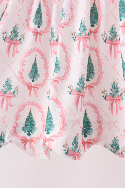 Pink Christmas Tree Embroidery Ruffle Pants Set
