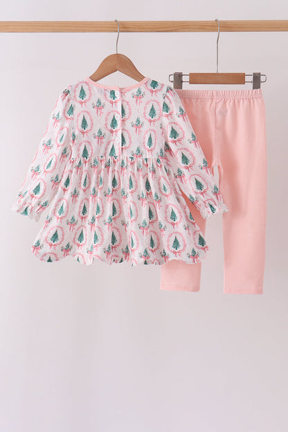 Pink Christmas Tree Embroidery Ruffle Pants Set