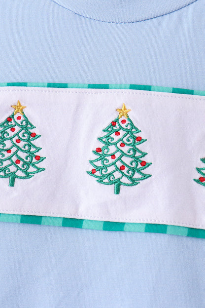 Green Christmas Tree Embroidery Gingham Pants Set