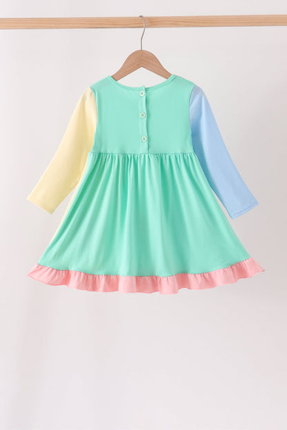 Colorblock character applique ruffle dress