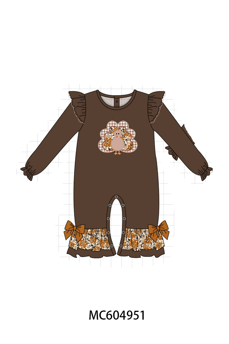 Brown Turkey Applique Ruffle Romper