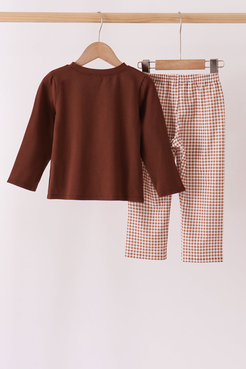 Brown Turkey Applique Gingham Pants Set
