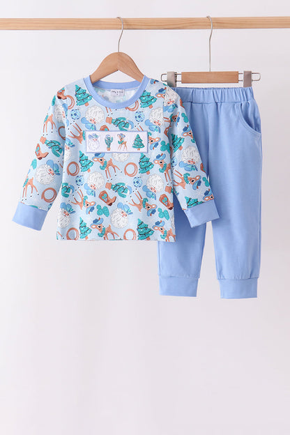 Blue Cowboy Santa Embroidery Pants Set
