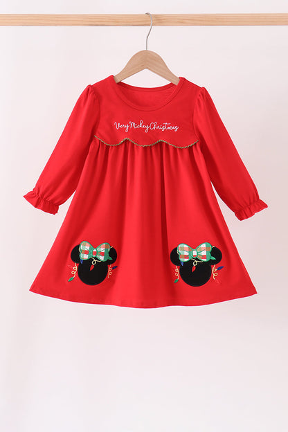 Red christmas character applique dress