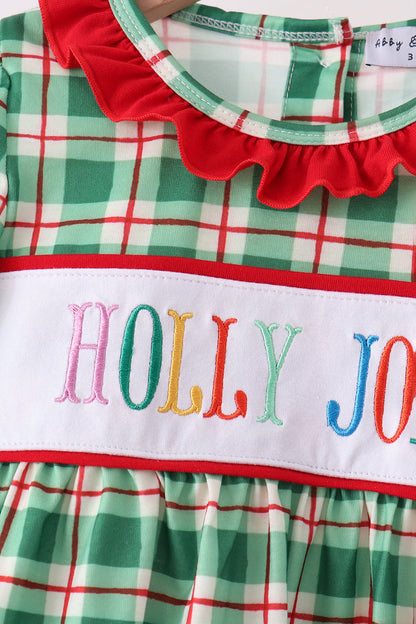 Green Holly Jolly Embroidery Plaid Pants Set