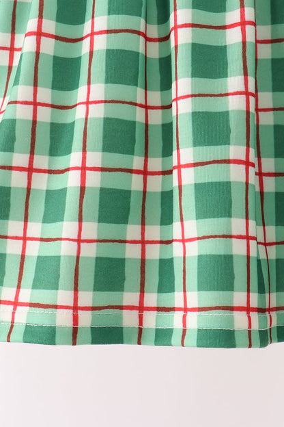 Green Holly Jolly Embroidery Plaid Pants Set