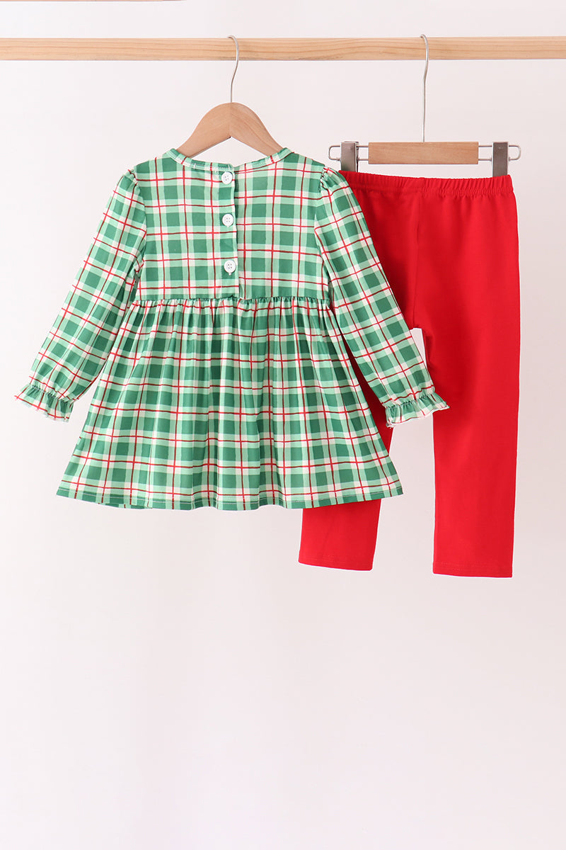 Green Holly Jolly Embroidery Plaid Pants Set