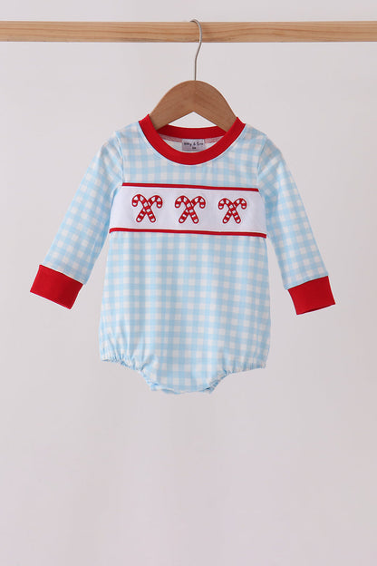 Blue Candy Cane Embroidery Gingham Bubble