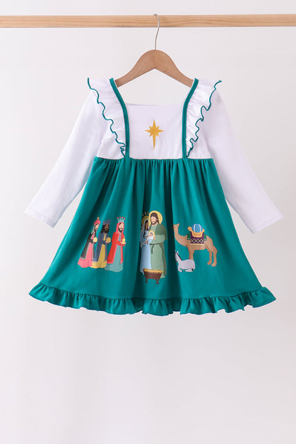 Forest Nativity Embroidery Ruffle Dress
